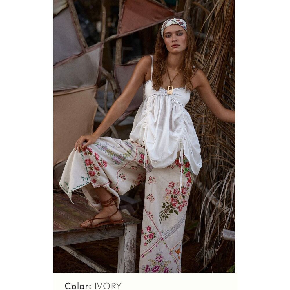 By Anthropologie Patchwork Wide Leg Linen Embroidered Pants sz XL EUC